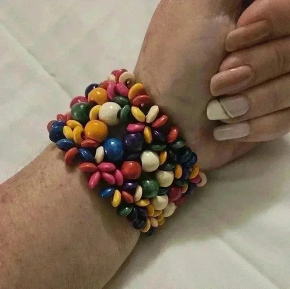 White, multicolored wooden slip on bracelet. Wide ban - Picture 2 of 5